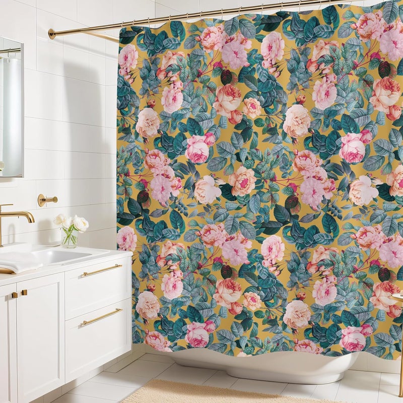 Worthwhile Goods Yellow Pink Peonies Floral Print Shower Curtain - Pretty Flower Pattern - Modern Colorful Classic Design - Vintage Style Cool Fabric Shower Curtain For Any Bathroom - 72x72 Inches (Yellow Floral) - Image 1